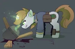 Size: 2732x1800 | Tagged: safe, artist:pedalspony, derpibooru import, oc, oc:littlepip, unicorn, fallout equestria, armor, bag, clothes, focused, horn, image, jumpsuit, magic, png, saddle bag, telekinesis, tongue out, vault suit, wooden floor