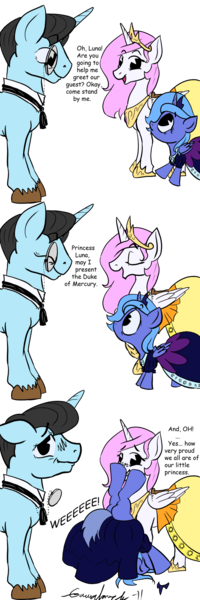 Size: 800x2400 | Tagged: artist needed, safe, derpibooru import, princess celestia, princess luna, oc, oc:duke of mercury, alicorn, unicorn, blushing, comic, horn, image, jewelry, monocle, png, signature, simple background, tiara, transparent background, unicorn oc, upside down