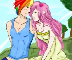 Size: 597x500 | Tagged: artist needed, safe, derpibooru import, fluttershy, rainbow dash, human, blushing, clothes, female, flower, flower in hair, flutterdash, g4, humanized, image, lesbian, png, shipping, tanktop