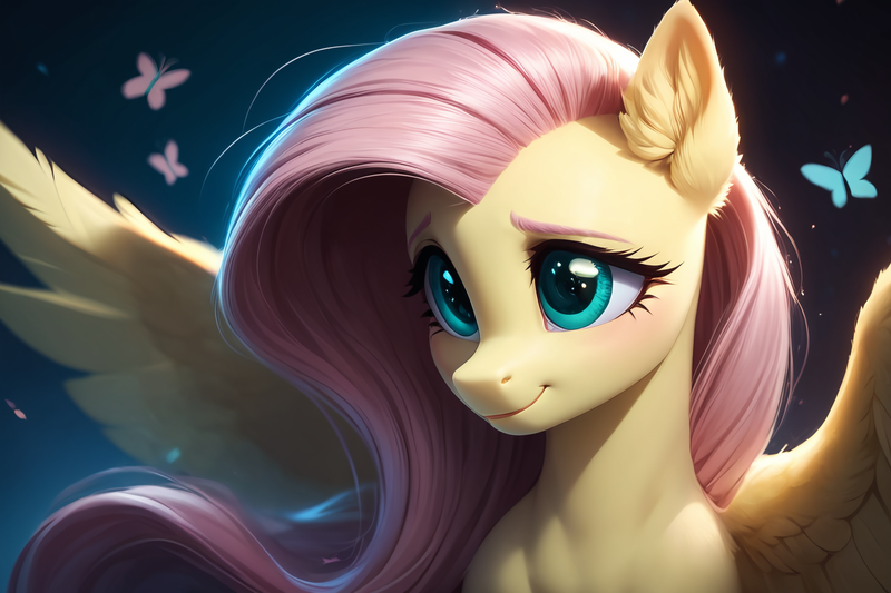 Size: 1920x1280 | Tagged: safe, ai content, derpibooru import, machine learning generated, prompter:cunningstuntda, fluttershy, butterfly, insect, pegasus, pony, blushing, bust, cute, ear fluff, female, image, mare, png, shyabetes, smiling, solo, spread wings, wings