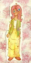 Size: 1399x2790 | Tagged: safe, artist:p2iimon, derpibooru import, fluttershy, bird, human, abstract background, arm behind back, clothes, female, g4, hair over one eye, humanized, image, jacket, jpeg, leaves, leaves in hair, long skirt, skirt, solo, traditional art
