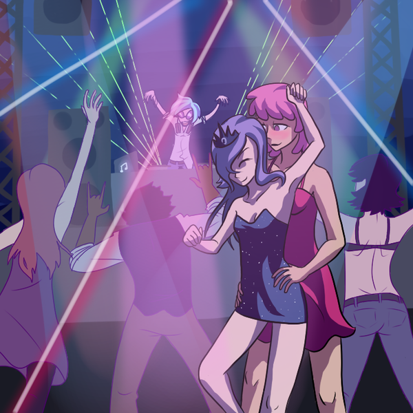 Size: 700x700 | Tagged: safe, artist:7nights, derpibooru import, berry punch, berryshine, princess luna, vinyl scratch, human, ask human luna, clothes, colored lights, dancing, dress, glasses, headphones, humanized, image, implied lesbian, jewelry, png, rave, speaker, tiara, turntable