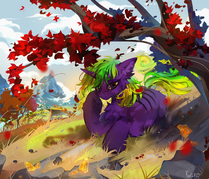 Size: 3500x3000 | Tagged: safe, artist:kefirro7, derpibooru import, oc, oc:endigo grimstone, unofficial characters only, pony, unicorn, autumn, cheek fluff, chest fluff, cloud, cutie mark, detailed background, digital art, ear fluff, eyes open, falling leaves, fluffy, fluffy mane, fluffy tail, full body, gem, gemstones, gradient mane, gradient tail, grass, grass field, high res, hoof on cheek, horn, image, leaves, looking down, lying, lying down, male, mountain, mountain range, orange eyes, png, prone, red leaves, scorched, scorched grass, scorched ground, smiling, solo, stallion, stone, striped mane, striped tail, stripes, stripes on fur, stripes on muzzle, tail, topaz, tree, tree branch, wind