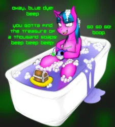 Size: 803x888 | Tagged: safe, artist:lil miss jay, derpibooru import, oc, oc:beep boop, unofficial characters only, angler fish, fish, pony, unicorn, abstract background, bathtub, bubble, female, horn, image, jpeg, one leg raised, raised hoof, soap, solo, solo female, treasure chest, unicorn oc, water