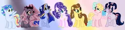 Size: 4208x1028 | Tagged: safe, artist:starvelvetyt, derpibooru import, oc, oc:apple butter, oc:bellatrix, oc:estella sparkle, oc:funny pie, oc:precious jewel, oc:sky fast, oc:star velvet, unofficial characters only, dracony, earth pony, hybrid, pegasus, pony, unicorn, base used, crown, earth pony oc, ethereal mane, eyeshadow, female, folded wings, glasses, gradient background, high res, horn, image, interspecies offspring, jewelry, looking up, makeup, mare, multicolored hair, next generation, offspring, parent:applejack, parent:caramel, parent:cheese sandwich, parent:flash sentry, parent:fluttershy, parent:king sombra, parent:pinkie pie, parent:rainbow dash, parent:rarity, parent:soarin', parent:spike, parent:twilight sparkle, parents:carajack, parents:cheesepie, parents:flashlight, parents:soarindash, parents:sombrashy, parents:sparity, pegasus oc, png, regalia, smiling, starry mane, unicorn oc, wings, yellow eyeshadow