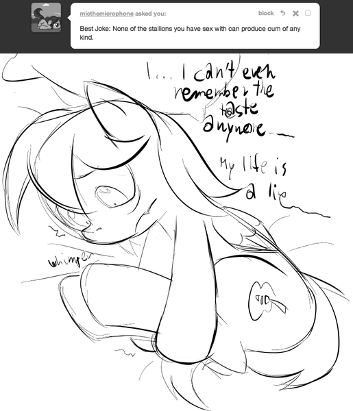 Size: 765x891 | Tagged: suggestive, derpibooru import, oc, oc:honey dip, unofficial characters only, pegasus, ask, breakdown, comatose, female, female oc, females only, image, jpeg, monochrome, pegasus oc, shaking, sketch, tumblr, wings, withdrawal