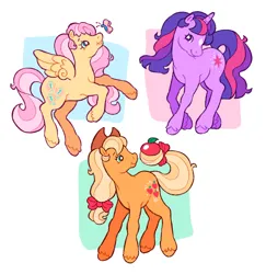 Size: 1988x2048 | Tagged: safe, artist:cocopudu, derpibooru import, applejack, fluttershy, twilight sparkle, butterfly, earth pony, insect, pegasus, pony, unicorn, g2, apple, applejack's hat, bow, coat markings, cowboy hat, facial markings, female, flying, food, g4, g4 to g2, generation leap, hair bow, hat, horn, image, looking at something, looking at you, mare, open mouth, open smile, png, prehensile tail, profile, simple background, smiling, smiling at you, spread wings, standing, star (coat marking), starry eyes, style emulation, tail, tail hold, trio, turned head, unicorn twilight, unshorn fetlocks, white background, wingding eyes, wings