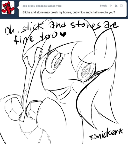 Size: 640x725 | Tagged: suggestive, artist:sweethd, derpibooru import, oc, oc:honey dip, unofficial characters only, pegasus, ask, female, image, jpeg, monochrome, pegasus oc, solo, solo female, stick, stone, tumblr, wings