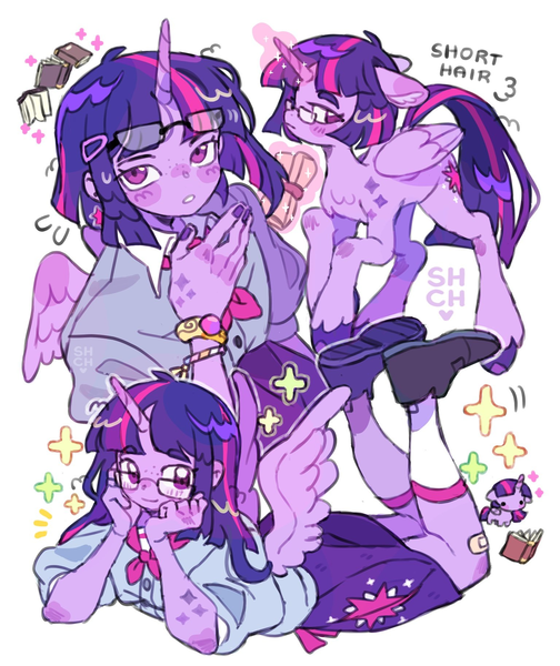 Size: 1536x1827 | Tagged: safe, artist:sharpycharot, derpibooru import, twilight sparkle, twilight sparkle (alicorn), alicorn, human, pony, equestria girls, bandaid, blushing, book, bracelet, clothes, emanata, female, floppy ears, folded wings, g4, glasses, glow, glowing horn, hands on cheeks, horn, human ponidox, image, jewelry, looking at you, lying down, magic, magic aura, mare, painted nails, png, scroll, self paradox, self ponidox, shoes, short hair, simple background, smiling, smiling at you, solo, sparkles, spread wings, telekinesis, unshorn fetlocks, white background, wings