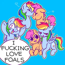 Size: 3000x3000 | Tagged: safe, artist:feralkittyclawz, derpibooru import, rainbow dash, scootaloo, pegasus, pony, age difference, blue background, blush lines, blushing, dialogue, duo, duo female, eyes closed, female, filly, floating heart, floppy ears, foal, foalcon, forehead kiss, g4, heart, image, kissing, lesbian, lidded eyes, lying down, mare, open mouth, open smile, png, prone, rainbow dash is a foal fiddler, scootadash, shipping, simple background, smiling, speech bubble, tail, underage, vulgar, wings