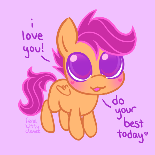 Size: 900x900 | Tagged: safe, artist:feralkittyclawz, derpibooru import, scootaloo, pegasus, pony, blushing, dialogue, dilated pupils, encouragement, female, filly, foal, folded wings, g4, heart, heart mark, i love you, image, looking at you, looking up, looking up at you, open mouth, png, purple background, signature, simple background, solo, tail, wings