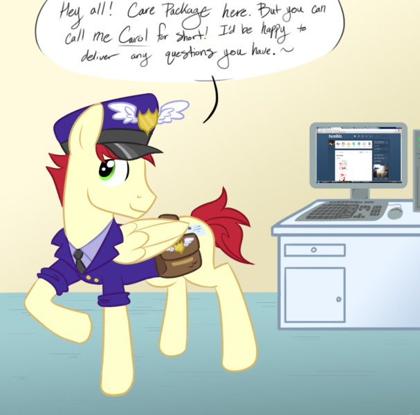 Size: 824x814 | Tagged: safe, artist:dark-heart1238, derpibooru import, care package, special delivery, pegasus, pony, bag, clothes, computer, hat, image, mailbag, male, png, solo, stallion
