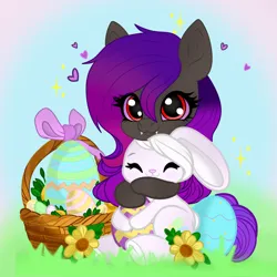 Size: 1024x1024 | Tagged: safe, artist:ella_starshade, derpibooru import, hybrid, pony, basket, cute, cute little fangs, easter, easter basket, easter bunny, easter egg, fangs, female, flower, gradient mane, holiday, hug, image, mare, png