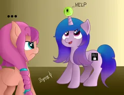 Size: 3400x2600 | Tagged: safe, artist:bitelstar, izzy moonbow, sunny starscout, bee, earth pony, insect, pony, unicorn, g5, ..., braid, censored cutie mark, dialogue, dlc, female, frown, help, image, izzy's tennis ball, looking up, mare, open mouth, open smile, png, tail, tennis ball