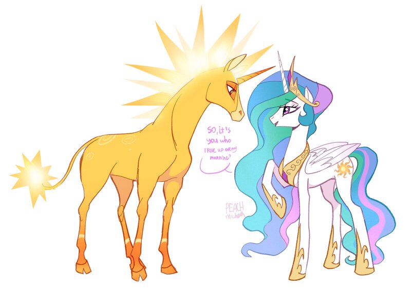 Size: 3541x2508 | Tagged: safe, artist:peachmichea, derpibooru import, princess celestia, alicorn, pony, concave belly, crossover, duo, female, folded wings, g4, height difference, image, jpeg, mare, mia and me, simple background, slender, tall, thin, white background, wings