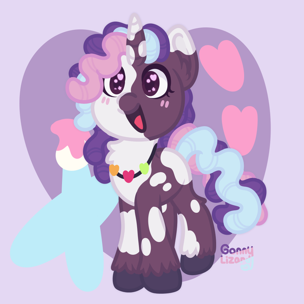 Size: 1000x1000 | Tagged: safe, artist:gonthelizard, derpibooru import, violette rainbow, pony, unicorn, g5, 2024, blush lines, blushing, chest fluff, dreadlocks, female, filly, foal, heart, heart eyes, horn, image, jewelry, necklace, open mouth, open smile, png, signature, smiling, solo, starry eyes, tail, unshorn fetlocks, vitiligo, wingding eyes