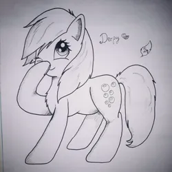 Size: 1279x1280 | Tagged: safe, artist:bitelstar, derpy hooves, pegasus, pony, boop, chest fluff, cutie mark, female, heart, image, jpeg, mare, monochrome, one eye closed, raised hoof, self-boop, sketch, tail, text, traditional art, wingless