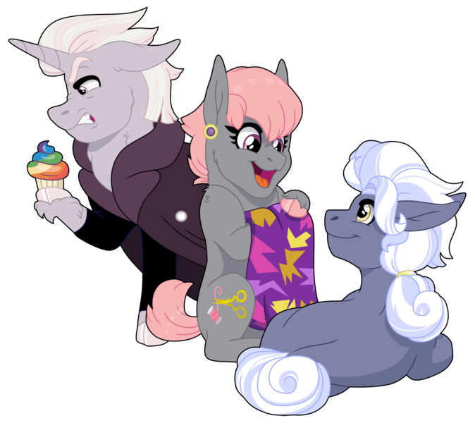 Size: 2301x2047 | Tagged: safe, artist:faitheverlasting, derpibooru import, hoity toity, prim hemline, zesty gourmand, earth pony, pony, unicorn, brother and sister, cloak, clothes, cloven hooves, cupcake, ear piercing, female, food, g4, gritted teeth, grumpy, happy, headcanon, headcanon in the description, horn, image, looking at each other, looking at someone, lying down, male, mare, nose wrinkle, open mouth, open smile, piercing, png, prone, rainbow cupcake, siblings, simple background, sisters, sitting, smiling, stallion, tail, teeth, transparent background, trio, unshorn fetlocks, zesty gourmand is not amused