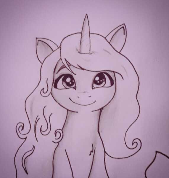 Size: 1218x1280 | Tagged: safe, artist:bitelstar, izzy moonbow, pony, unicorn, g5, bust, chest fluff, eyebrows, female, image, jpeg, lineart, looking up, mare, monochrome, scene interpretation, simple background, smiling, solo, traditional art, white background