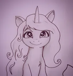 Size: 1218x1280 | Tagged: safe, artist:bitelstar, izzy moonbow, pony, unicorn, g5, bust, chest fluff, eyebrows, female, image, jpeg, lineart, looking up, mare, monochrome, scene interpretation, simple background, smiling, solo, traditional art, white background