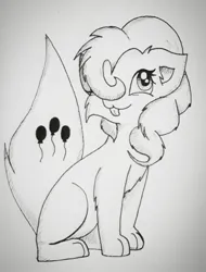 Size: 1004x1321 | Tagged: safe, artist:bitelstar, pinkie pie, original species, :p, cutie mark, feline, female, image, jpeg, monochrome, simple background, sitting, sketch, solo, species swap, tail, tongue out, traditional art, white background