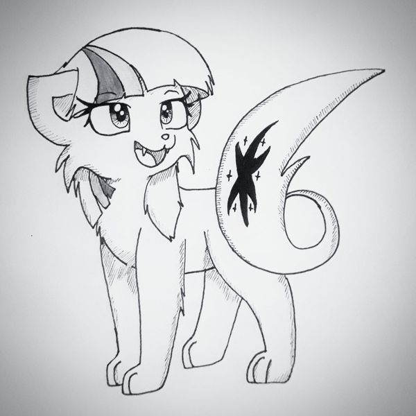 Size: 1600x1600 | Tagged: safe, artist:bitelstar, twilight sparkle, original species, :p, cutie mark, eyebrows, feline, female, image, monochrome, png, simple background, sketch, solo, species swap, tail, tongue out, traditional art, white background