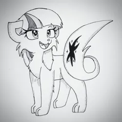 Size: 1600x1600 | Tagged: safe, artist:bitelstar, twilight sparkle, original species, :p, cutie mark, eyebrows, feline, female, image, monochrome, png, simple background, sketch, solo, species swap, tail, tongue out, traditional art, white background