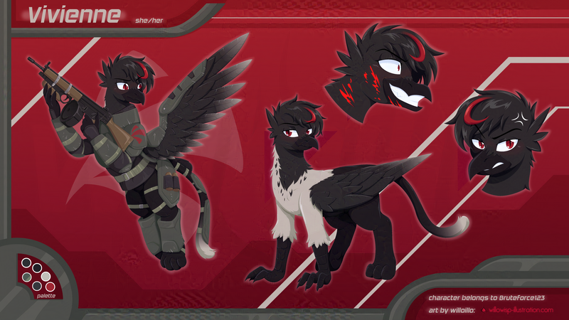 Size: 1920x1080 | Tagged: safe, artist:willoillo, derpibooru import, oc, gryphon, fallout equestria, body armor, commission, emotes, griffon oc, gun, image, png, reference sheet, rifle, weapon