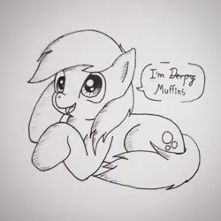 Size: 1029x1029 | Tagged: safe, artist:bitelstar, derpy hooves, pegasus, pony, cutie mark, derp, dialogue, female, image, mare, monochrome, open mouth, open smile, png, prone, raised hoof, simple background, sketch, solo, tail, traditional art, white background, wingless