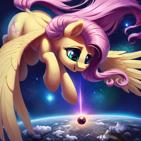 Size: 1024x1024 | Tagged: safe, ai content, derpibooru import, machine learning generated, stable diffusion, fluttershy, pegasus, pony, cloud, dock, earth, female, flying, galaxy, generator:pony diffusion v6 xl, giant pony, image, looking down, macro, mare, pegasus wings, planet, png, solo, stars, tail, wings