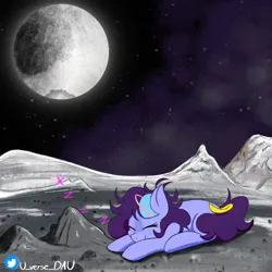 Size: 3072x3072 | Tagged: safe, artist:juniverse, derpibooru import, pluto, oc, oc:juniverse, earth pony, pony, colored, dwarf planet, female, icy floor, image, mare, on the moon, onomatopoeia, png, rocky planet, satellite, scenery, sleeping, solo, sound effects, space, space pony, stars, zzz