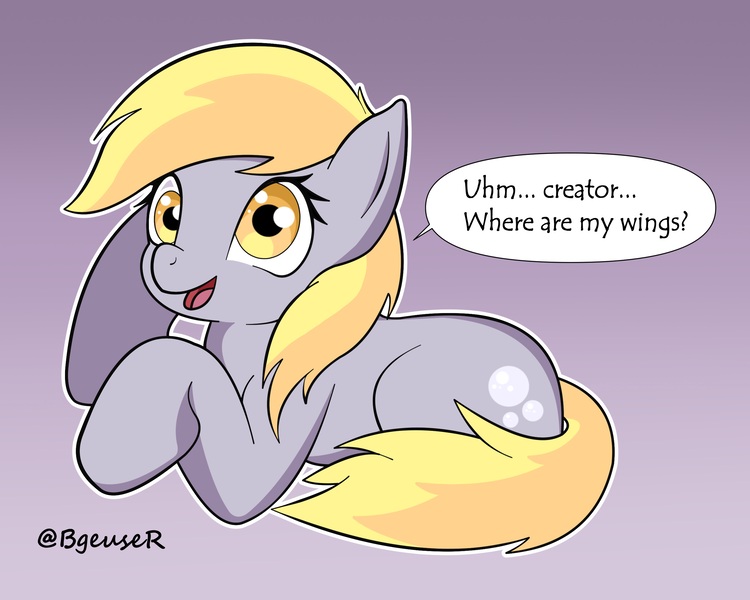 Size: 2700x2160 | Tagged: safe, artist:bitelstar, derpy hooves, pegasus, pony, cutie mark, derp, dialogue, female, fourth wall, gradient background, image, looking at you, mare, open mouth, open smile, png, prone, raised hoof, solo, tail, wingless
