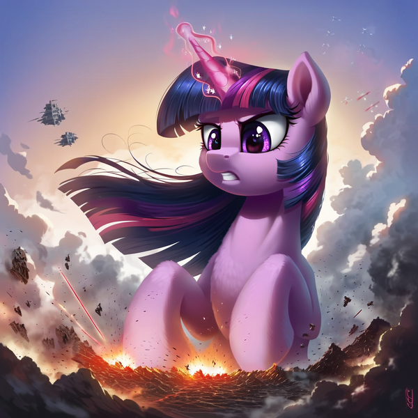 Size: 1024x1024 | Tagged: safe, ai content, derpibooru import, machine learning generated, stable diffusion, twilight sparkle, pony, unicorn, cloud, destruction, explosion, generator:pony diffusion v6 xl, giant pony, glow, glowing horn, gritted teeth, horn, image, macro, png, solo, teeth, unicorn twilight