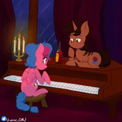 Size: 3072x3072 | Tagged: safe, artist:juniverse, derpibooru import, oc, oc:grapefruit frost, oc:lighty, unofficial characters only, pegasus, unicorn, colored, commission, date, grand piano, horn, image, playing piano, png, warm ambient