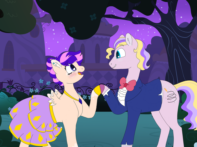 Size: 1280x960 | Tagged: safe, artist:doodletheexpoodle, derpibooru import, oc, oc:daylight amethyst, oc:scribble pie, unofficial characters only, alicorn, earth pony, pony, bowtie, canterlot gardens, clothes, dress, duo, duo male and female, female, hidden horn, holding hooves, image, male, mare, oc x oc, offspring, parent:pinkie pie, parent:prince blueblood, parent:sunburst, parent:twilight sparkle, parents:bluepie, parents:twiburst, png, shipping, small wings, stallion, story included, straight, tuxedo, wings