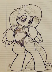 Size: 1477x2048 | Tagged: safe, artist:whiskeypanda, derpibooru import, fluttershy, pony, bipedal, blushing, clothes, doodle, female, g4, human shoulders, image, jpeg, lined paper, looking down, pen drawing, solo, solo female, spread wings, swimsuit, traditional art, two-piece swimsuit, wavy mouth, wings