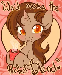 Size: 500x600 | Tagged: safe, artist:clovercoin, derpibooru import, oc, oc:mocha delight, unofficial characters only, unicorn, blushing, coffee, female, female oc, horn, image, png, solo, solo female, unicorn oc