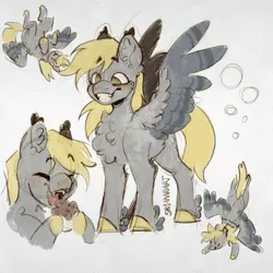 Size: 2048x2048 | Tagged: safe, artist:shyhandart, derpibooru import, derpy hooves, pegasus, pony, bubble, cheek fluff, chest fluff, cute, derpabetes, eating, eyebrows, eyebrows visible through hair, falling, fangs, female, flying, food, g4, grin, high res, image, jpeg, mare, muffin, open mouth, open smile, smiling, solo, traditional art, upside down, winged hooves