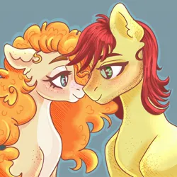 Size: 2048x2048 | Tagged: safe, artist:selkie, derpibooru import, bright mac, pear butter, earth pony, pony, blue background, brightbutter, duo, duo male and female, female, high res, image, jpeg, looking at each other, looking at someone, male, mare, shipping, simple background, stallion, straight