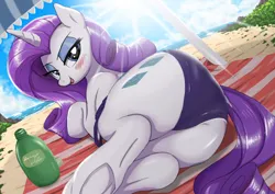 Size: 3508x2480 | Tagged: suggestive, artist:neoshrek, derpibooru import, rarity, pony, unicorn, beach towel, blushing, butt, butt focus, clothes, female, horn, image, jpeg, plot, solo, swimsuit, towel, umbrella