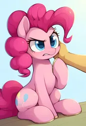 Size: 3328x4864 | Tagged: safe, ai content, derpibooru import, machine learning generated, stable diffusion, pinkie pie, earth pony, pony, annoyed, eyebrows, female, generator:pony diffusion v6 xl, generator:purplesmart.ai, hoof on cheek, image, mare, png, prompter:lerkyboy, raised eyebrow, sitting, solo focus