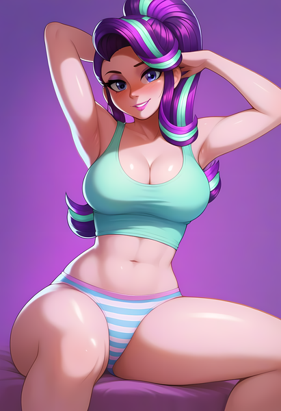 Size: 3328x4864 | Tagged: suggestive, ai content, derpibooru import, machine learning generated, stable diffusion, starlight glimmer, human, armpits, bangs, blushing, breasts, busty starlight glimmer, cleavage, clothes, eyebrows, eyebrows visible through hair, eyeshadow, female, g4, generator:pony diffusion v6 xl, generator:purplesmart.ai, image, legs, lipstick, looking at you, makeup, midriff, panties, png, ponytail, prompter:lerkyboy, shirt, sleeveless, smiling, smiling at you, solo, squint, striped panties, striped underwear, tanktop, thighs, underwear