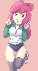 Size: 1783x3307 | Tagged: safe, artist:sumin6301, derpibooru import, apple bloom, human, equestria girls, 2d, bow, breasts, buruma, clothes, double peace sign, eyebrows, eyebrows visible through hair, female, g4, grin, hair bow, high res, image, jacket, jpeg, legs, long sleeves, looking at you, older, older apple bloom, peace sign, pink background, pocket, shoes, shorts, simple background, smiling, smiling at you, socks, solo, thigh gap, thigh highs, thighs, zipper