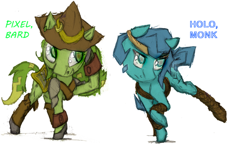 Size: 2143x1365 | Tagged: safe, artist:teakay-c-ii-r, derpibooru import, oc, oc:holopon, oc:pixel, unofficial characters only, earth pony, pony, armor, bard, blue coat, blue eyes, blue mane, digital art, dungeons and dragons, fantasy class, green coat, green eyes, green mane, headband, image, kicking, monk, pen and paper rpg, png, poniesonline, raised hoof, rpg, simple background, sketch, solo, text