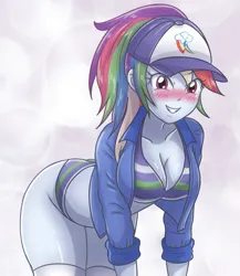 Size: 2200x2534 | Tagged: suggestive, artist:sumin6301, derpibooru import, rainbow dash, human, equestria girls, 2d, bangs, blushing, breasts, busty rainbow dash, cap, cleavage, clothes, eyebrows, eyebrows visible through hair, female, g4, hat, image, jacket, jpeg, leaning forward, long sleeves, looking at you, panties, ponytail, smiling, smiling at you, socks, solo, squint, striped bra, striped panties, striped underwear, thigh highs, thighs, underwear