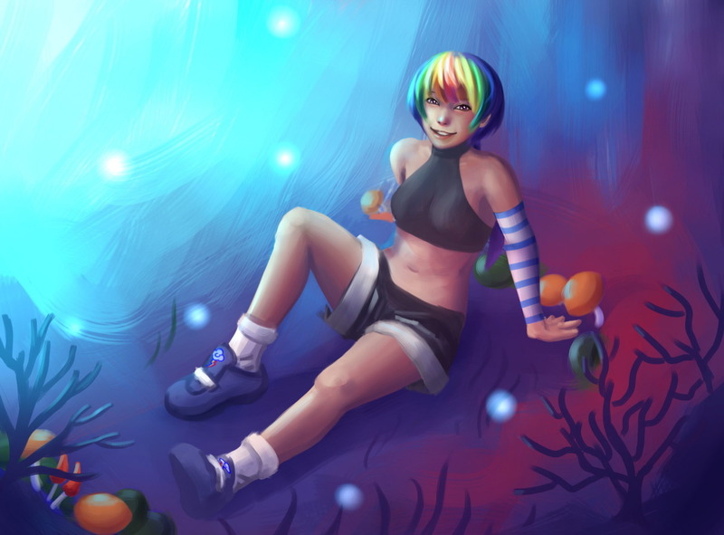 Size: 1280x946 | Tagged: safe, artist:ninjaham, derpibooru import, rainbow dash, human, belly button, clothes, female, g4, humanized, image, jpeg, mushrooms, shoes, shorts, smiling, solo, solo female