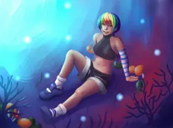 Size: 1280x946 | Tagged: safe, artist:ninjaham, derpibooru import, rainbow dash, human, belly button, clothes, female, g4, humanized, image, jpeg, mushrooms, shoes, shorts, smiling, solo, solo female