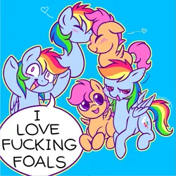 Size: 749x749 | Tagged: safe, artist:feralkittyclawz, derpibooru import, edit, rainbow dash, scootaloo, pegasus, pony, age difference, blue background, blush lines, blushing, dialogue, duo, duo female, eyes closed, female, filly, floating heart, floppy ears, foal, forehead kiss, g4, heart, image, implied foalcon, implied underage, kissing, lesbian, lidded eyes, lying down, mare, open mouth, open smile, png, prone, rainbow dash is a foal fiddler, scootadash, shipping, simple background, smiling, speech bubble, tail, vulgar, wings