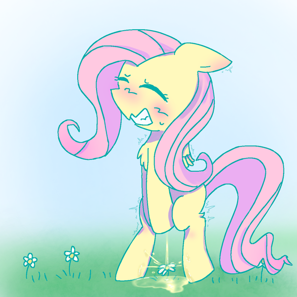 Size: 1280x1280 | Tagged: questionable, derpibooru import, fluttershy, pegasus, pony, blushing, chest fluff, covering, covering crotch, desperation, embarrassed, flower, grass, image, need to pee, omorashi, pissing, png, potty dance, potty emergency, potty failure, potty time, sky, urine
