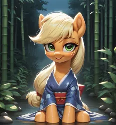 Size: 2048x2208 | Tagged: safe, ai content, derpibooru import, machine learning generated, prompter:ramprover, stable diffusion, applejack, earth pony, pony, bamboo, clothes, cute, ear fluff, female, forest, forest background, g4, generator:pony diffusion v6 xl, image, jackabetes, japanese, jpeg, kimono (clothing), lidded eyes, looking at you, mare, moon runes, outdoors, prompt in description, rain, sitting, smiling, solo, tree, wet